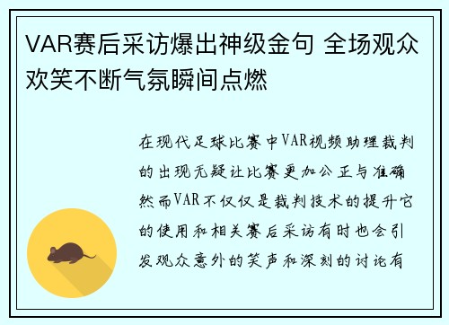 VAR赛后采访爆出神级金句 全场观众欢笑不断气氛瞬间点燃 VAR赛后采访爆出神级金句 全场观众欢笑不断气氛瞬间点燃